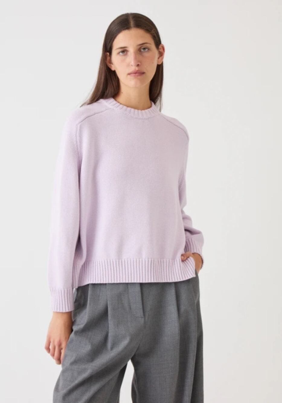 Demylee New York Haruhi Crewneck Sweater 100% Cotton Split Hem Pale Lilac L